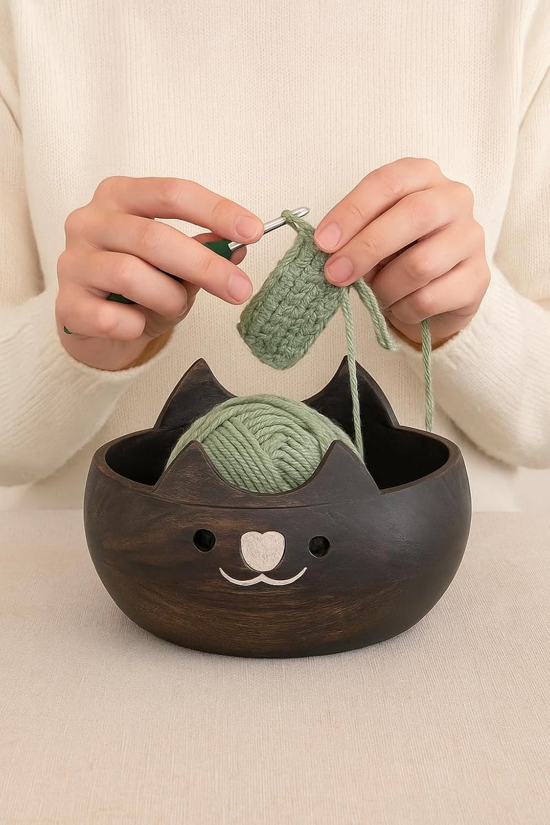 Eximious India Gifts for Women Cat Yarn Bowl Knitting Bowl Large Crochet Yarn Holder YB2203 Handmade Crocheting Accessories and Supplies Organizer 7 x 3 Wooden White Elephant Gifts - Image 2